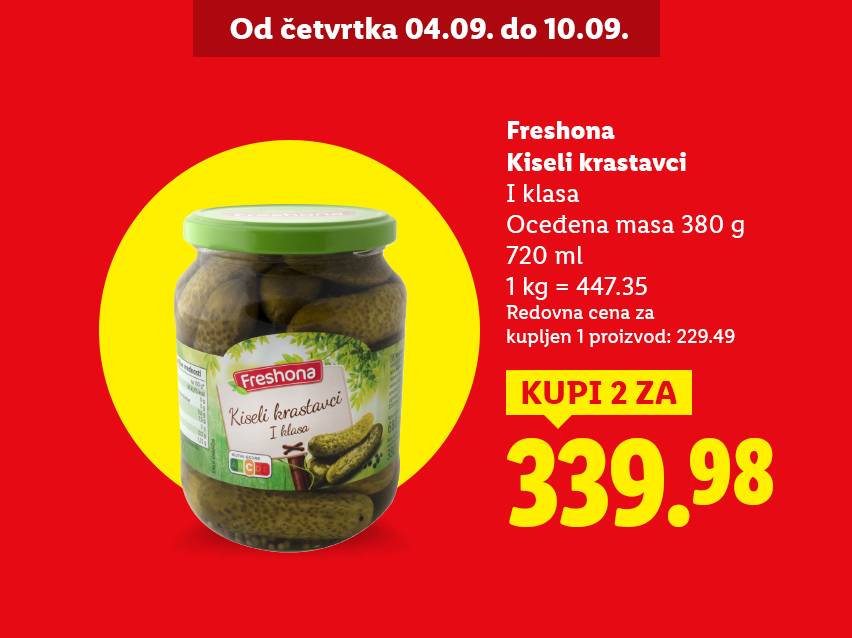 Tegla kiselih krastavaca Freshona sa informacijama o ceni i promociji.