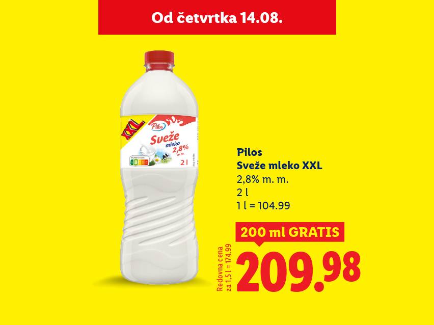 Pilos Sveže mleko XXL, 2,8% m.m., 2l, 200 ml gratis, cena 209.98.
