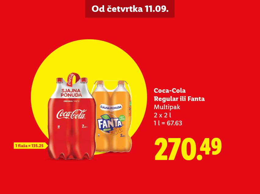 Reklama za Coca-Colu i Fantu u pakovanju od 2x2L, sa cenom i detaljima ponude.