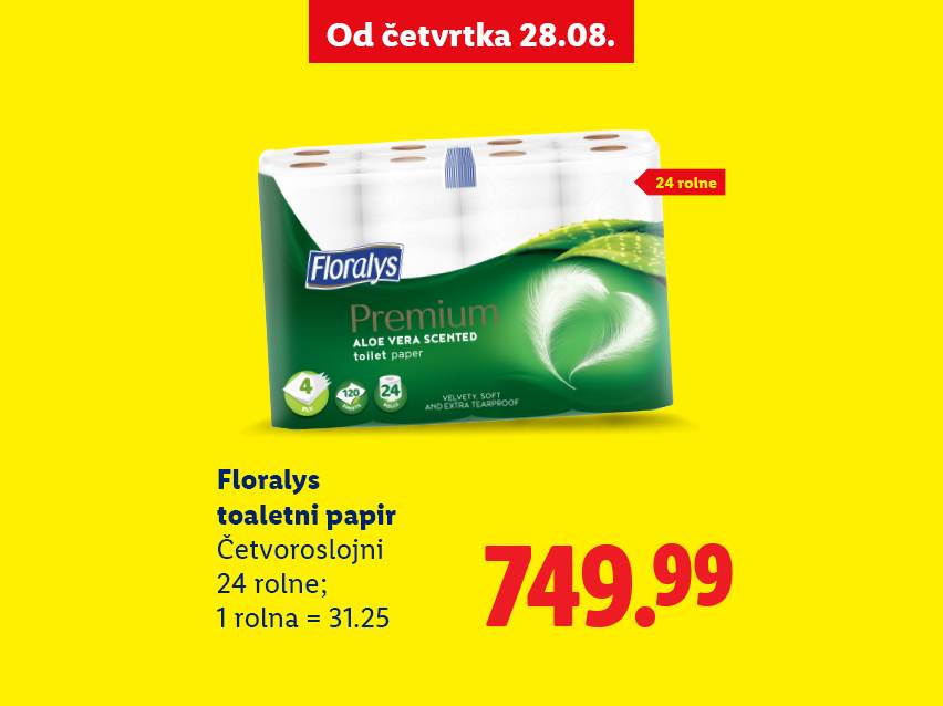 Floralys toaletni papir sa mirisom aloe vere, 24 rolne, po ceni od 749.99.