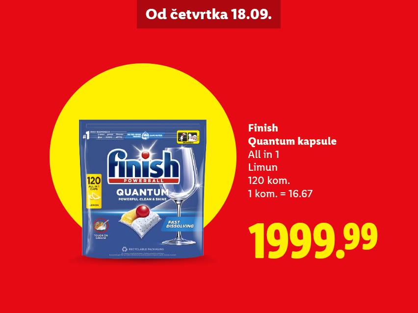 Finish Quantum kapsule za mašinsko pranje sudova, 120 komada, sa cenom od 1999.99.