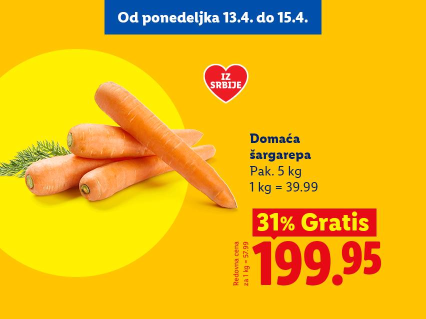 Reklama za domaće šargarepe iz Srbije, 5 kg za 199.95 dinara, sa 31% gratis.