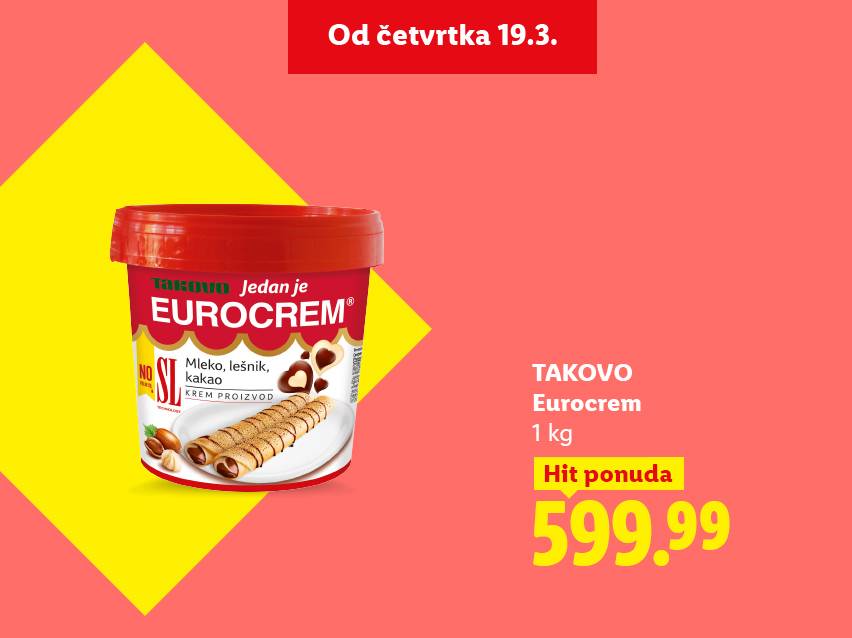 Tegla krem namaza sa lešnikom, mlekom i kakaom, sa cenom od 599.99 dinara, dostupna od četvrtka 19.3.