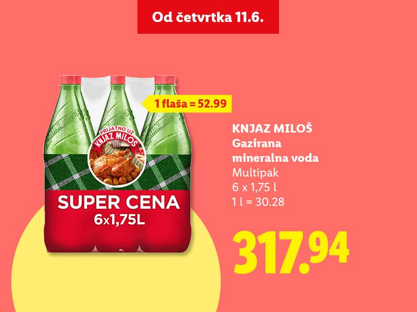 Pakovanje od šest boca gazirane mineralne vode sa istaknutom cenom i informacijama o zapremini.