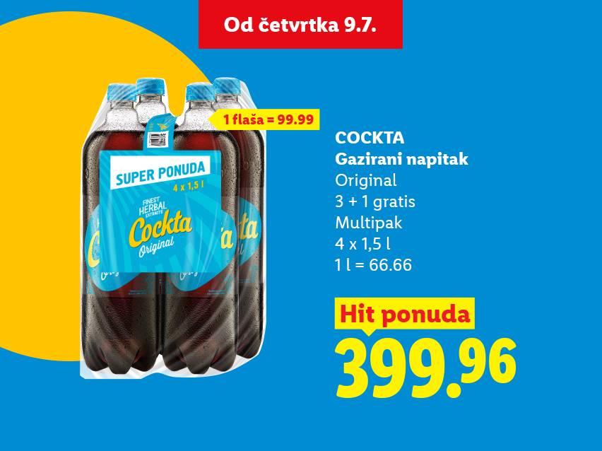 Pakovanje gaziranog napitka od 4x1,5L sa natpisom 'Super ponuda' i cenom od 399.96.