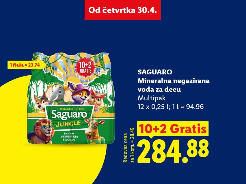 Pakovanje negazirane mineralne vode za decu sa motivima džungle, 12x0,25l, sa cenom i akcijom 10+2 gratis.