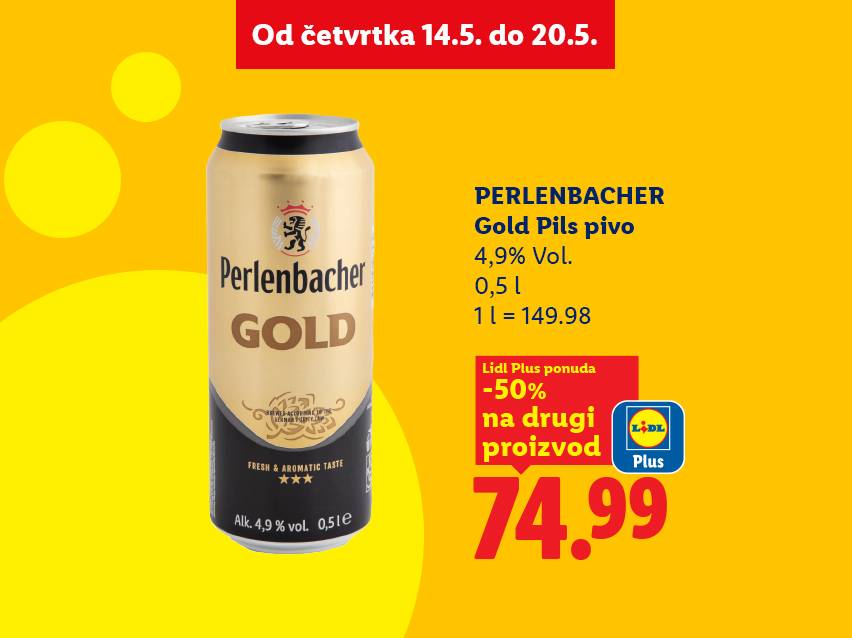Perlenbacher Gold Pils pivo, 0,5l, 4,9% Vol., 74.99 dinara, -50% na drugi proizvod uz Lidl Plus.