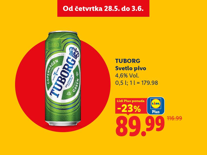 Limena konzerva svetlog piva sa 4,6% alkohola, 0,5l, snižena 23% na 89,99 dinara.