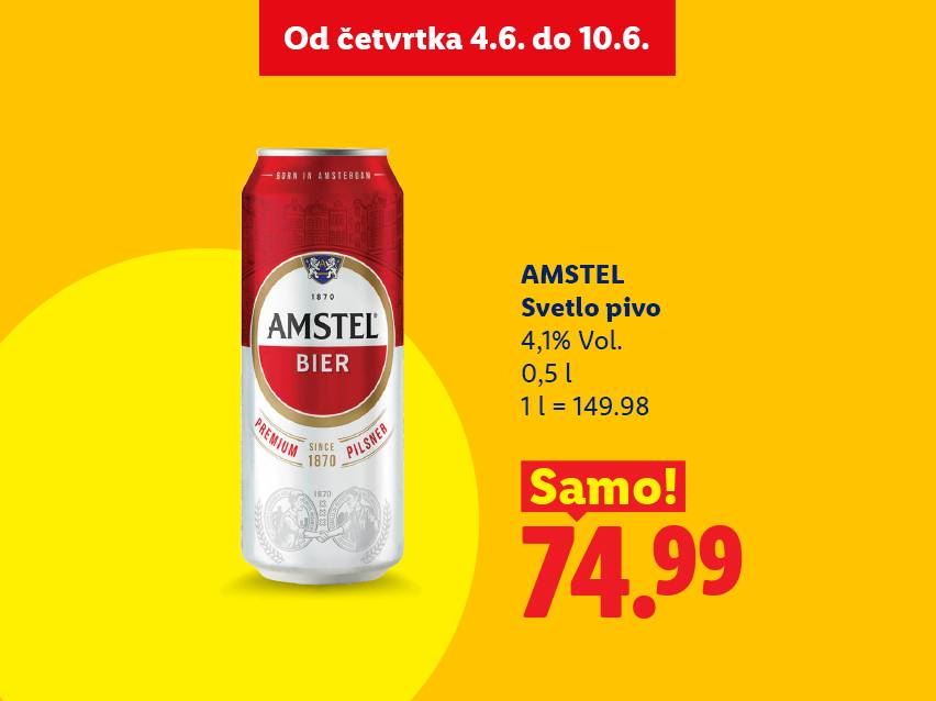 Ponuda svetlog piva u limenci od 0,5l sa 4,1% alkohola, po ceni od 74.99, važi od 4. do 10. juna.