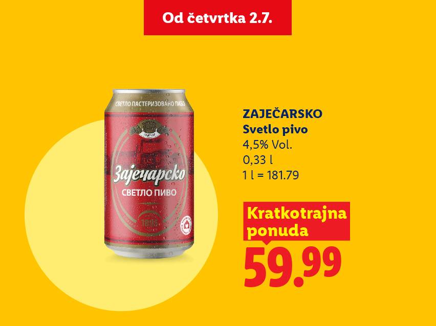 Reklama za svetlo pivo u konzervi, sa informacijama o zapremini, procentu alkohola i ceni.