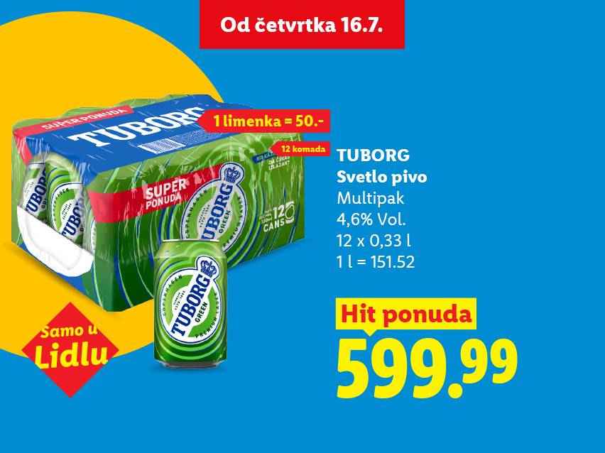 Pakovanje svetlog piva od 12 limenki, sa istaknutom cenom i datumom početka ponude.