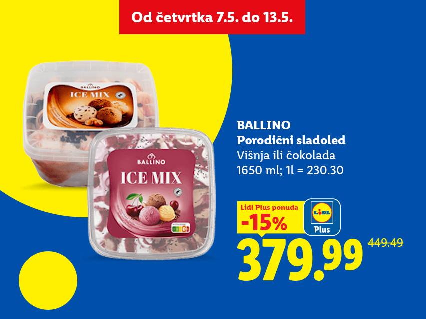 Dve posude sladoleda sa ukusima višnje i čokolade, sa naznačenom cenom i popustom.