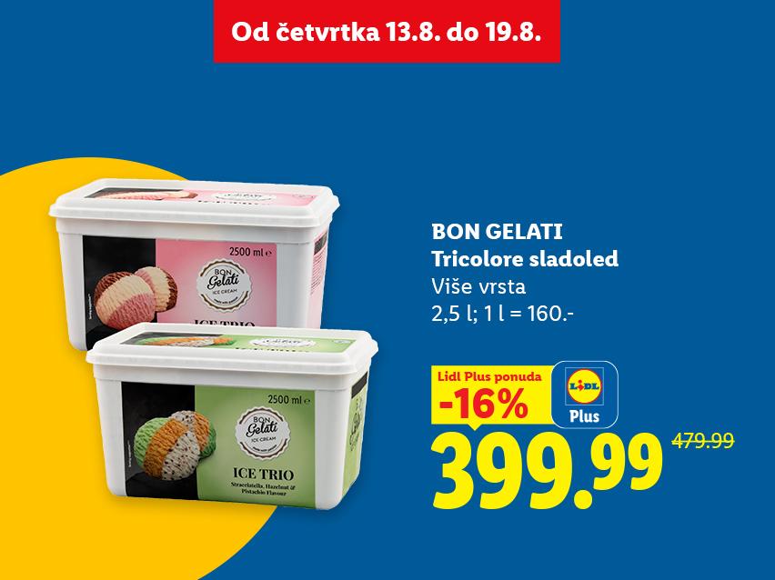 Reklama za sladoled u pakovanju od 2,5 litra, sa popustom od 16% i cenom od 399,99.