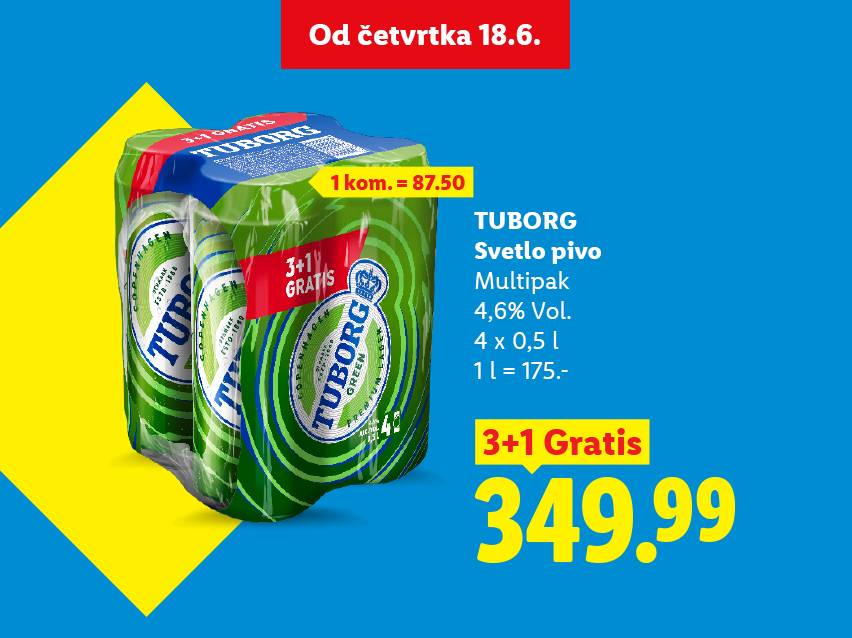Pakovanje svetlog piva 3+1 gratis, 4x0,5l, po ceni od 349.99, dostupno od četvrtka 18.6.