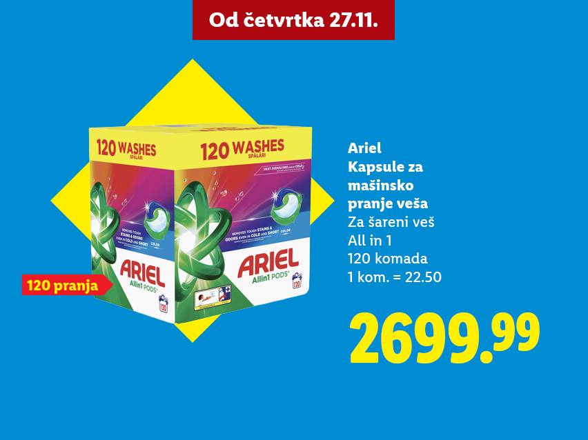 Ariel All in 1 kapsule za mašinsko pranje veša, 120 komada, po ceni od 2699.99.