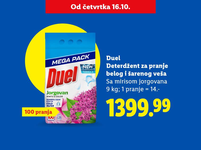Duel deterdžent za veš sa mirisom jorgovana, 9 kg, 100 pranja, cena 1399.99.