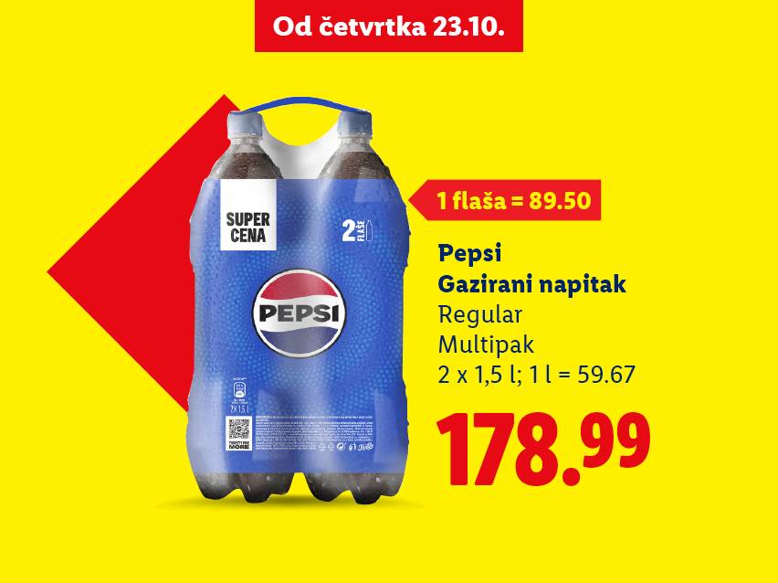 Pepsi gazirani napitak, multipak 2x1.5L, po ceni od 178.99.