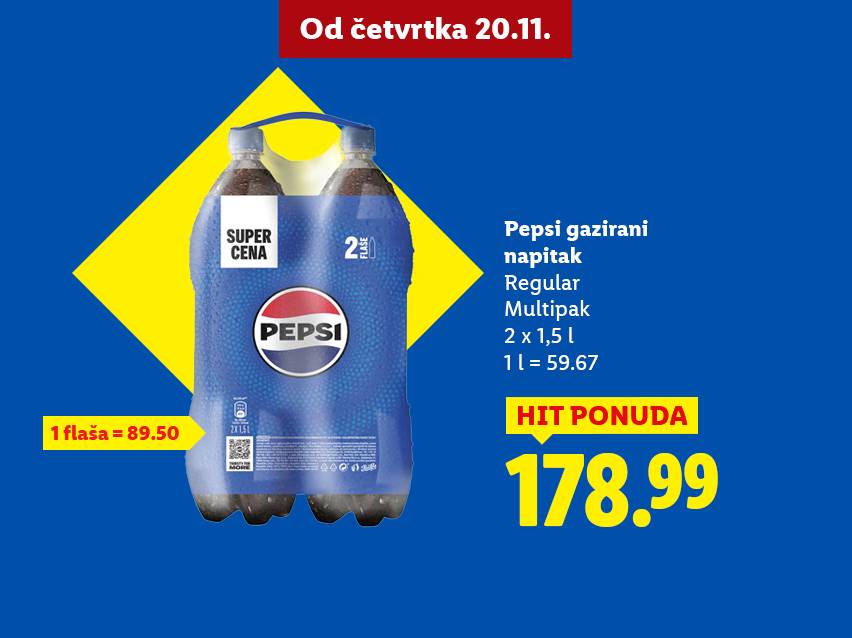 Pepsi gazirani napitak, multipak 2x1.5L, cena 178.99, ponuda od četvrtka 20.11.
