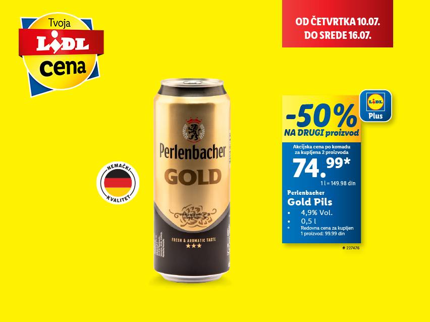 Akcija u Lidlu: Perlenbacher Gold Pils pivo, -50% na drugi proizvod.