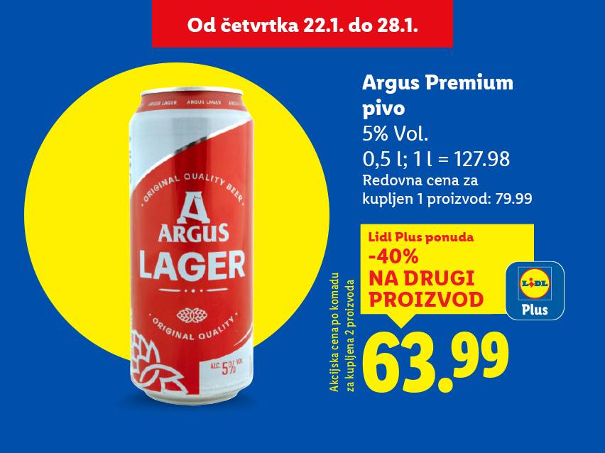 Reklama za pivo u konzervi sa 5% alkohola, sa popustom od 40% na drugi proizvod.