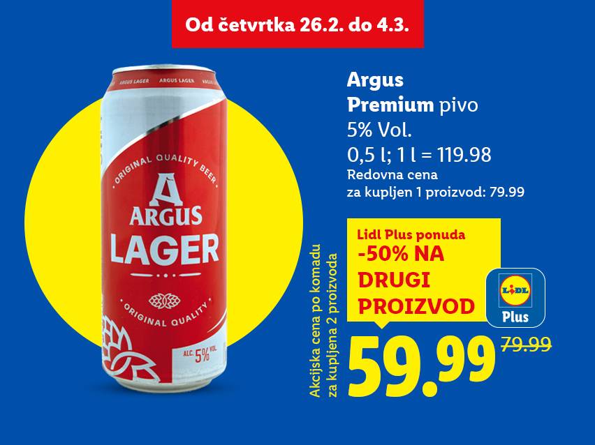 Reklama za pivo sa popustom, ističući ponudu „Lidl Plus“.