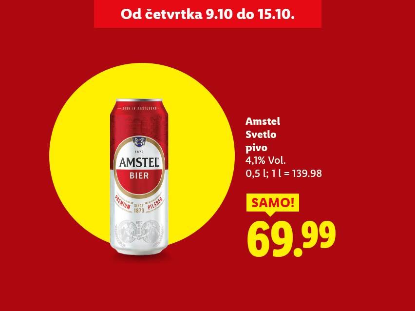 Amstel svetlo pivo, 0,5l, 4,1% Vol. za 69.99, ponuda važi od 9.10 do 15.10.