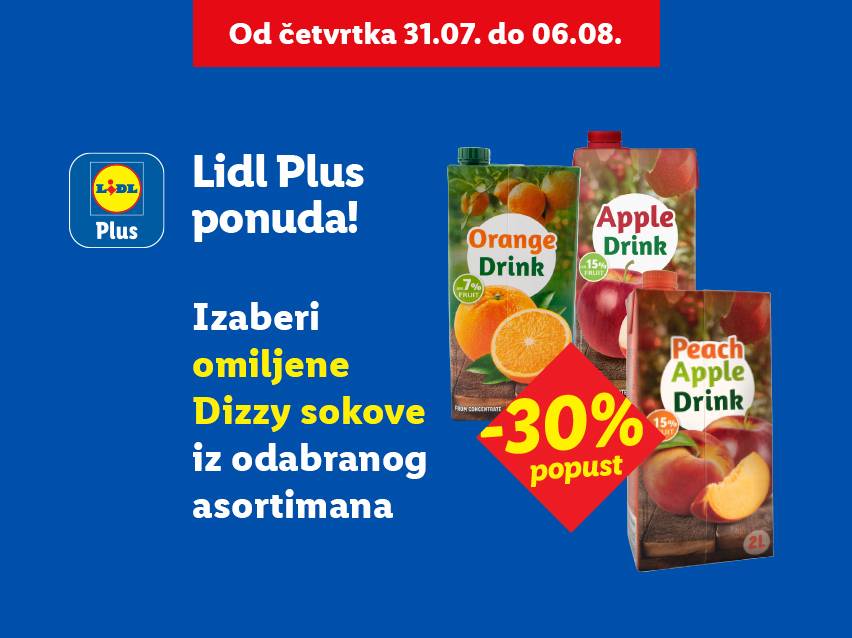 Lidl Plus ponuda: 30% popusta na Dizzy sokove (narandža, jabuka, breskva-jabuka).