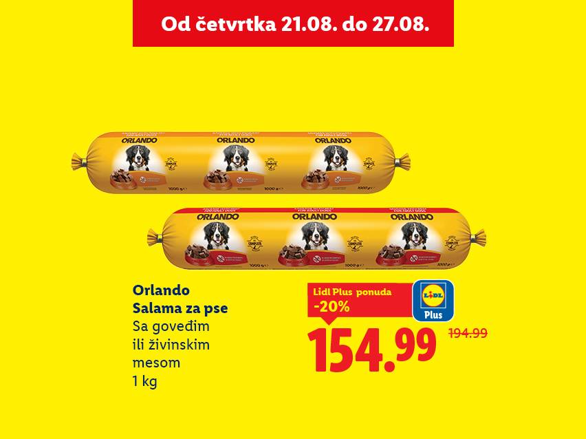 Reklama za Orlando salamu za pse sa goveđim ili živinskim mesom, 1 kg, po ceni od 154,99 dinara.