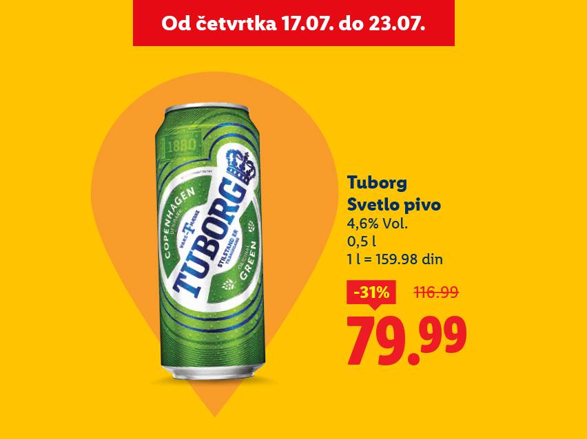 Tuborg Svetlo pivo u akciji: 0,5l limenka za 79,99 din.