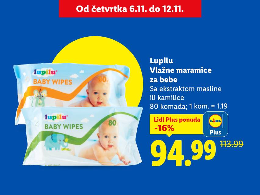 Lupilu vlažne maramice za bebe sa maslinom ili kamilicom, 80 komada, na akciji.