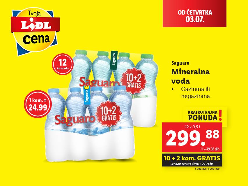 Lidl nudi Saguaro mineralnu vodu (12x0.5l) po promotivnoj ceni.