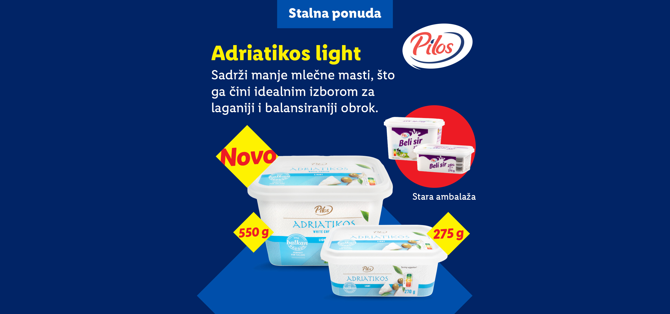 Reklama za novi lagani beli sir u pakovanjima od 550g i 270g, sa starim pakovanjem od 275g.