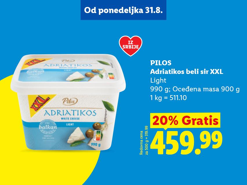 Pakovanje belog sira sa natpisom „XXL“ i „Light“, sa cenom i popustom.
