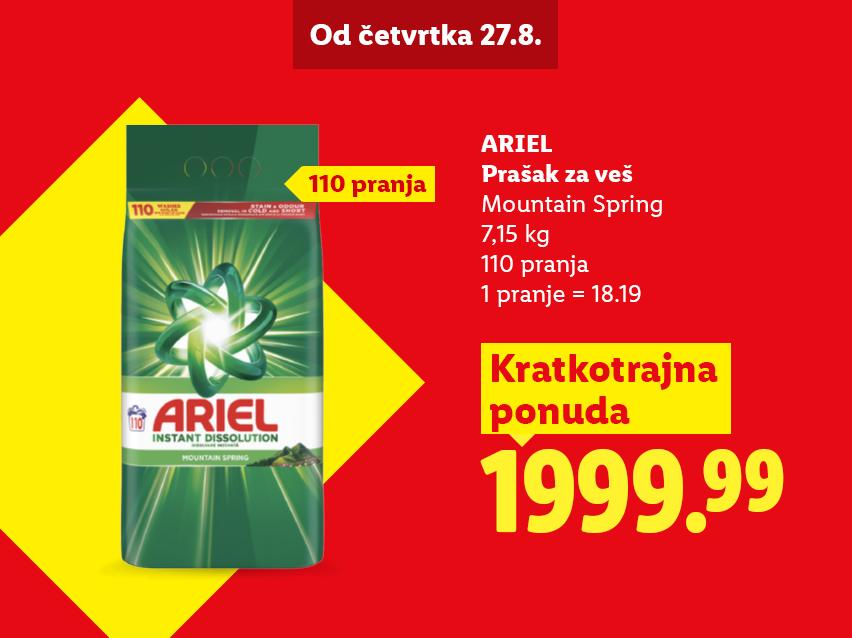 Reklama za deterdžent za veš od 7,15 kg, 110 pranja, sa cenom od 1999.99, dostupna od četvrtka 27.8.