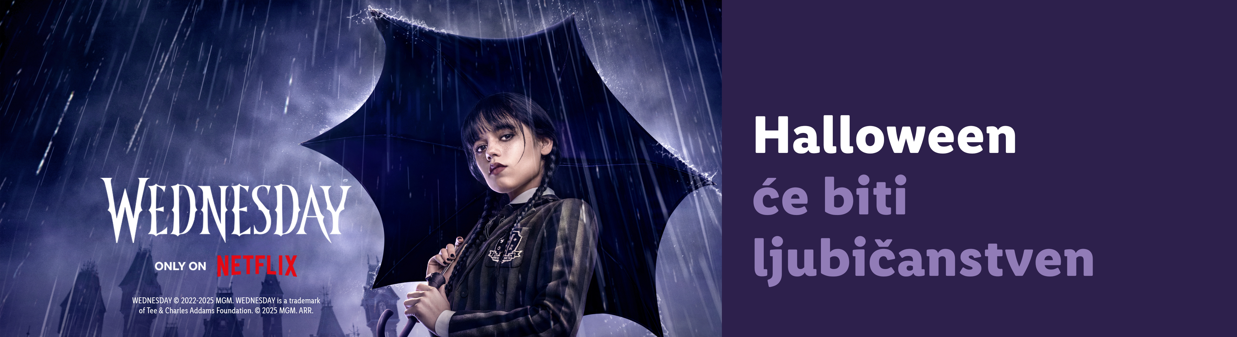 Promotivni poster za seriju Wednesday sa natpisom 'Halloween će biti ljubičanstven'.
