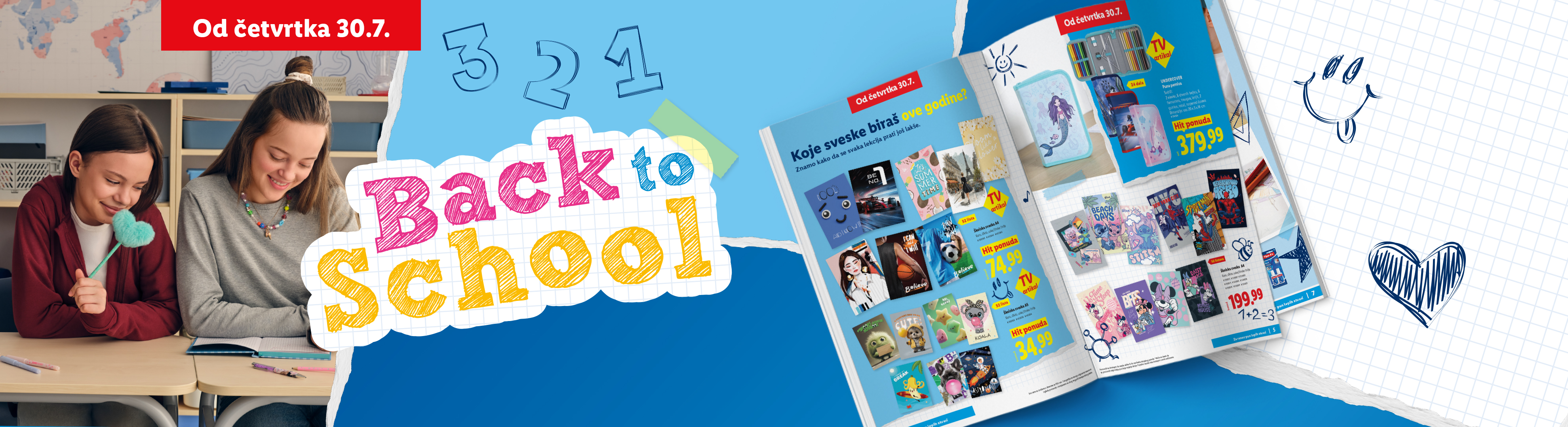 Dve devojčice u učionici sa natpisom „Back to School“ i katalogom školskog pribora.