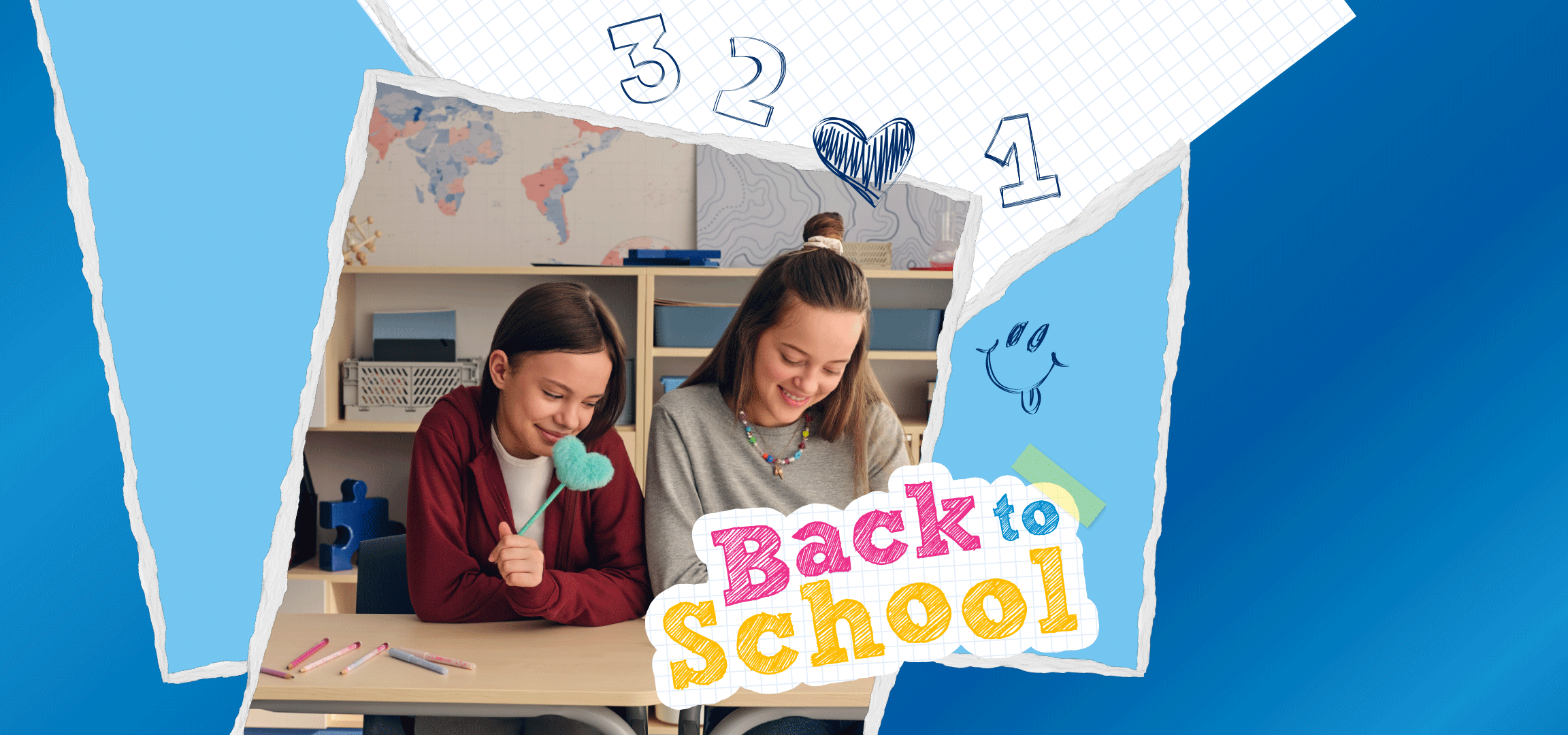 Devojčice u učionici sa natpisom „Back to School“ i brojevima 3, 2, 1.