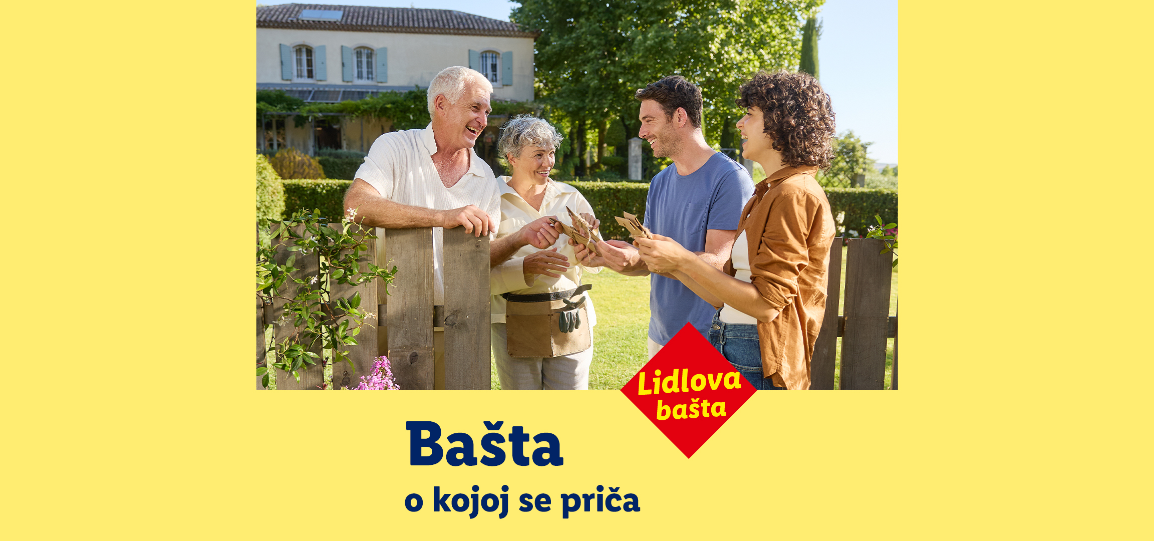 Srećna porodica u bašti, sa tekstom: Bašta o kojoj se priča i Lidlova bašta.