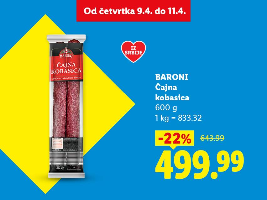 Čajna kobasica od 600g, snižena 22% na 499.99 dinara, dostupna od četvrtka 9.4. do 11.4.