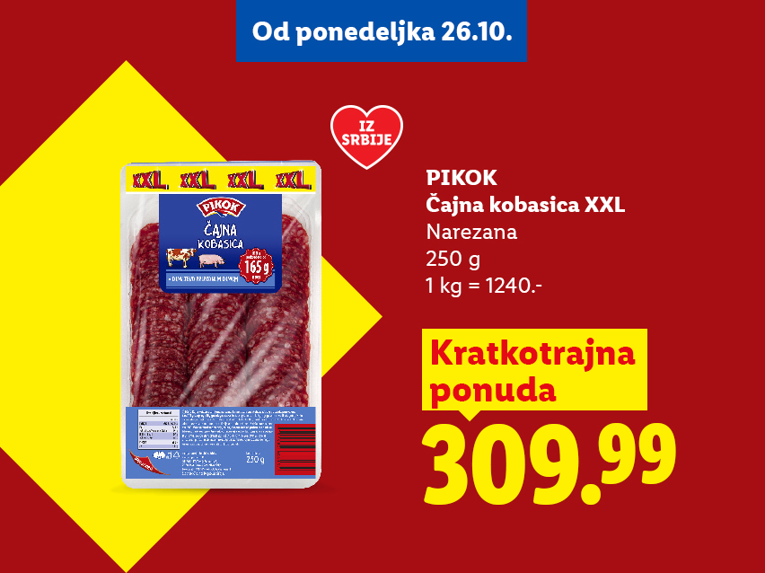 Narezana čajna kobasica u pakovanju od 250 grama na kratkotrajnoj ponudi.