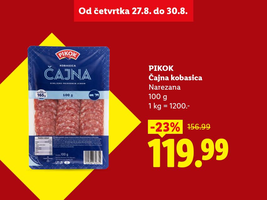 Pakovanje narezane čajne kobasice od 100g na akciji, sniženo 23% sa 156.99 na 119.99, važi od 27. do 30. avgusta.