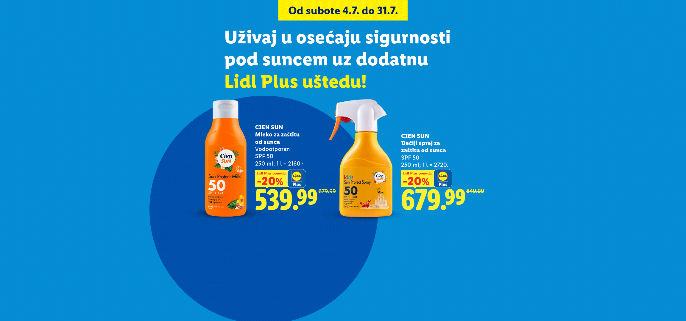 Reklama za kreme za sunčanje sa popustom od 20% u Lidlu, važi od 4. do 31. jula.
