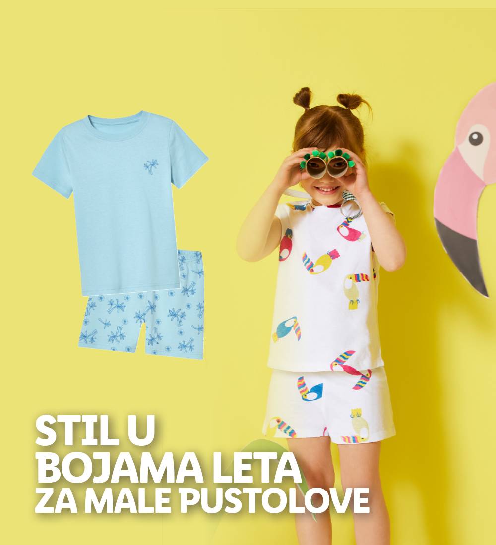 Dečiji letnji komplet odeće u svetlo plavoj i beloj boji sa printom palmi i tukan.