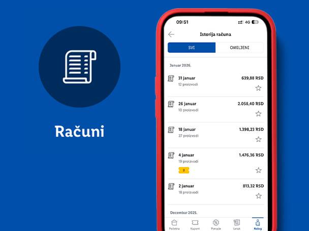 Mobilna aplikacija sa istorijom računa, prikazuje datume, broj proizvoda i cene.