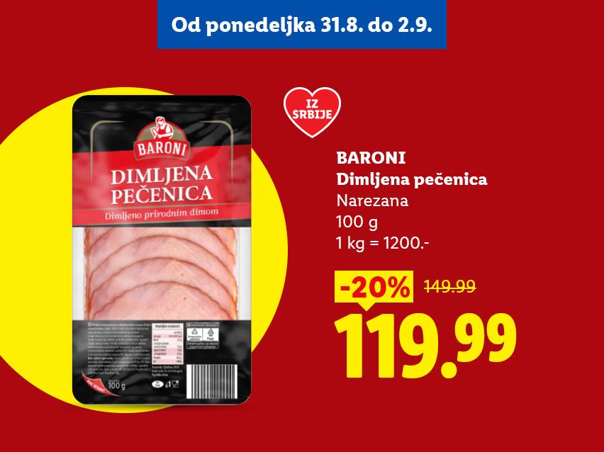 Dimljena pečenica u pakovanju od 100g, snižena 20% na 119.99 dinara.