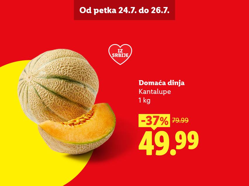 Reklama za dinju kantalupu sa popustom od 37%, cena 49.99, važi od 24. do 26. jula.