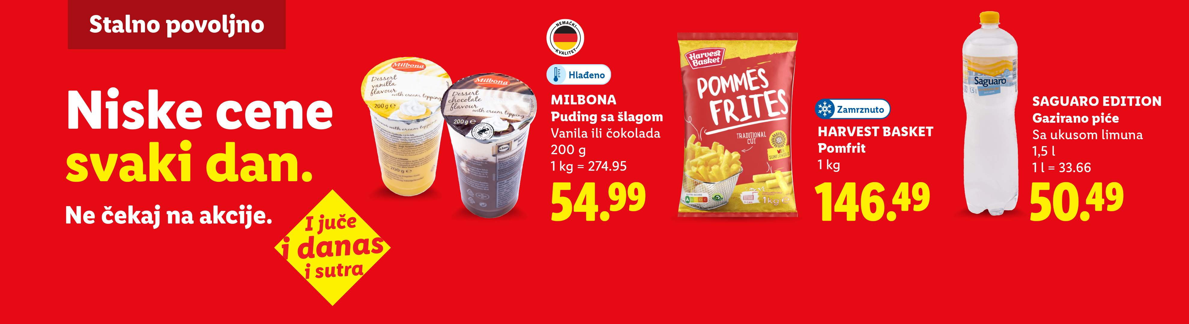Reklama za puding sa šlagom, pomfrit i gazirano piće sa ukusom limuna, sa istaknutim niskim cenama.