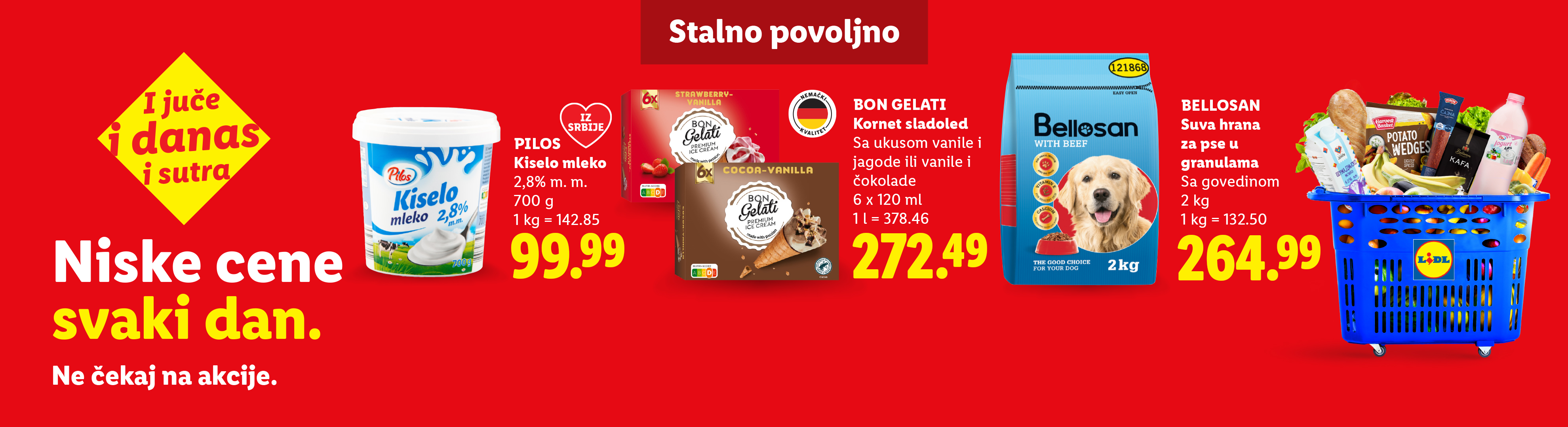 Reklama za mlečne proizvode, sladoled i hranu za pse, sa korpom punom namirnica.