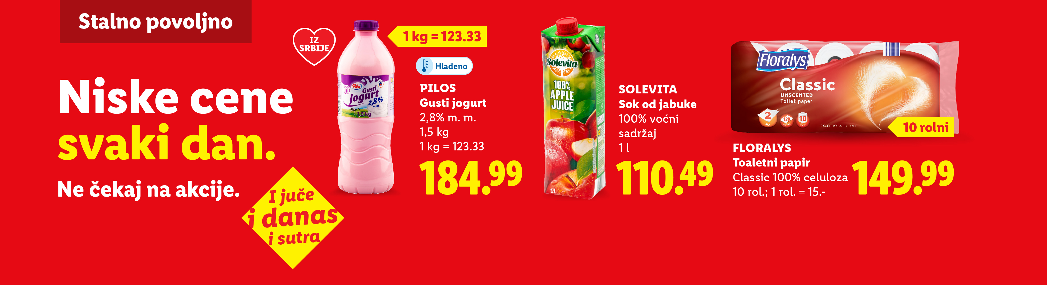Reklama za jogurt, sok od jabuke i toalet papir sa niskim cenama.