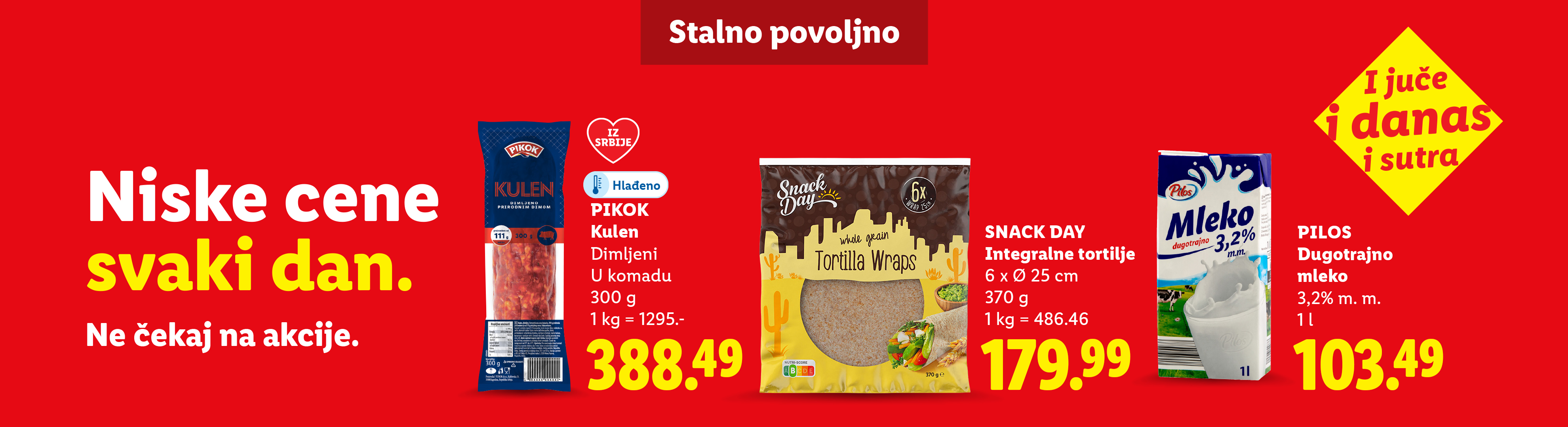 Reklama za trajno niske cene sa kulenom, tortiljama i mlekom.